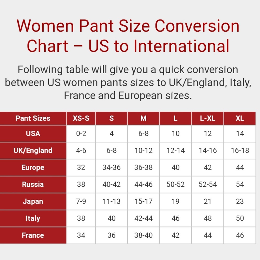 Women's Pants Size Conversions US to International